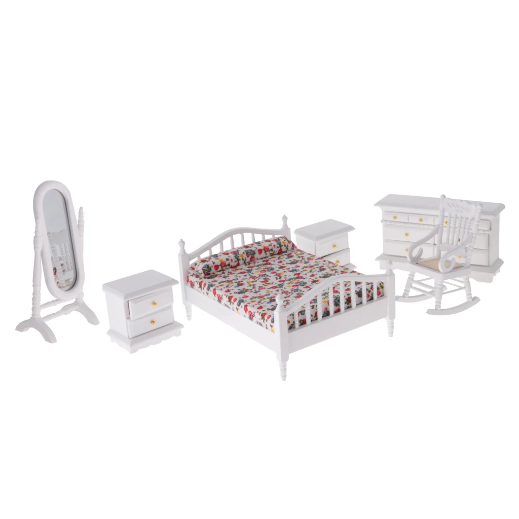 6Pieces 1:12 Scale Dollhouse Miniature Furniture Set White Wooden European Retro Bedroom Accessories Kids Pretend Play Toys