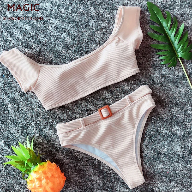 

Sexy High Waist Bikini Set Women Swimsuit New Style Bottom Belt Decoration Swimwear Khaki&Red Summer BeachWear Biquini Swimming