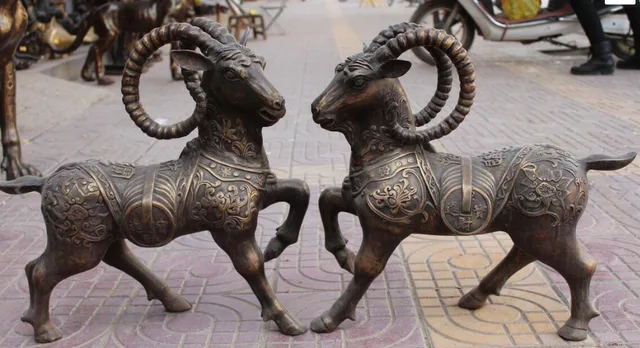 21 "chinese bronze rijkdom geld schapen geit ram ooi dier bloem paar