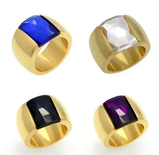

GNAYY JEWELRY Gold Stainless Steel Large Blue / white / black / purple CZ Stone AAA Zircon Fashion Women Mens Ring band