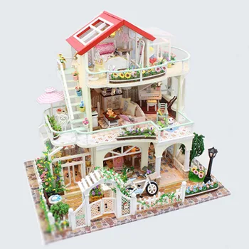 

Wooden Garden Villa House Craft Model Xmas Puzzle Gift For Children DIY Doll House LED Lights Miniature Dollhouse Furniture Kits