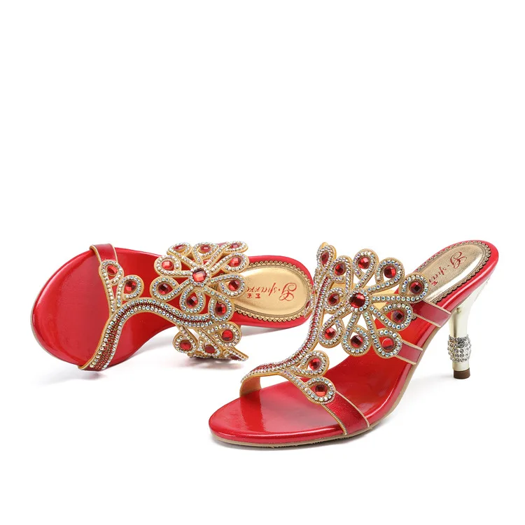 G-sparrow Summer Women Fashion High Heel Stiletto Slippers New Diamond Luxury Elegant Shoes Red Size 1112