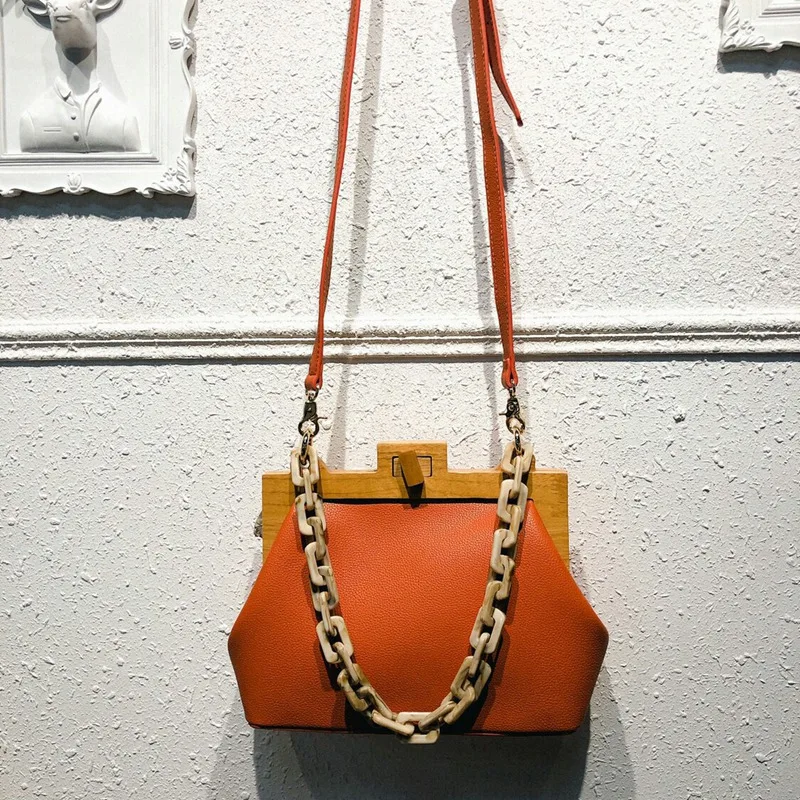 Women'S Box Bag Bucket Bag Wooden Clip Evening Bag Ins Acrylic Chain Luxury Handbag Banquet Party Purse Shoulder Bag