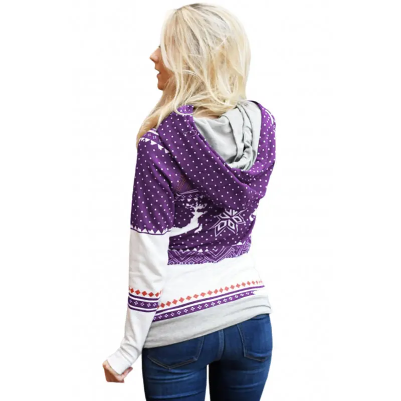 Snowflake Reindeer Print Hooded Sweater Christmas Autumn Pocket Thumb Hole Long Sleeve Double Layer Sweatshirt Women Clothes Top (1)