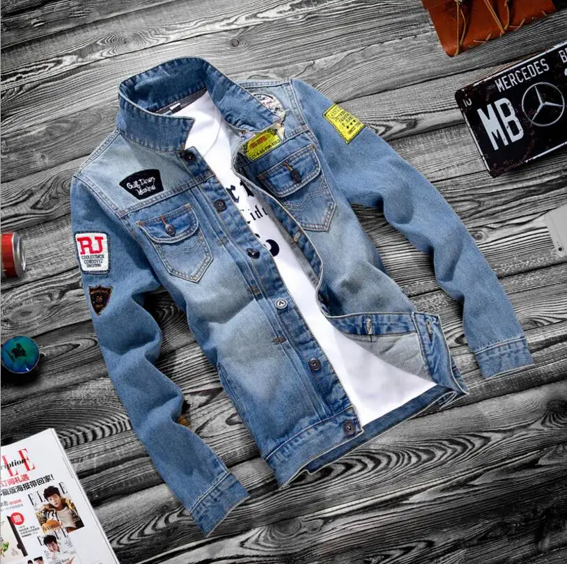 

Denim jacket Men Trendy Hole Outerwear Hot Coat Long Sleeves Teens Korean Version Slim Student Preppy Style Thin Section Coat
