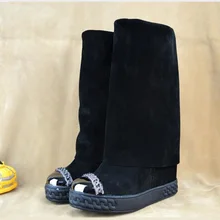 Metal chain suede mid-calf woman winter boots round toe height increasing black woman shoes new designer rome woman boots hot selling black leather height increasing woman boots round toe knee high boots 2017 winter gold chains wedge boots