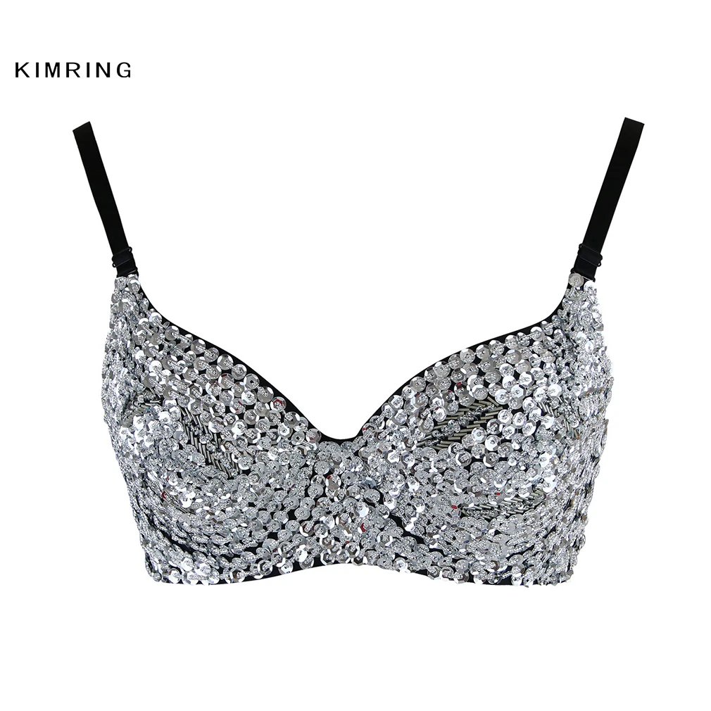

Kimring Fashion Sexy Punk Style Bra Top Beads Sequins Bra Punk Rock Rave Women Bra Crop Top Club