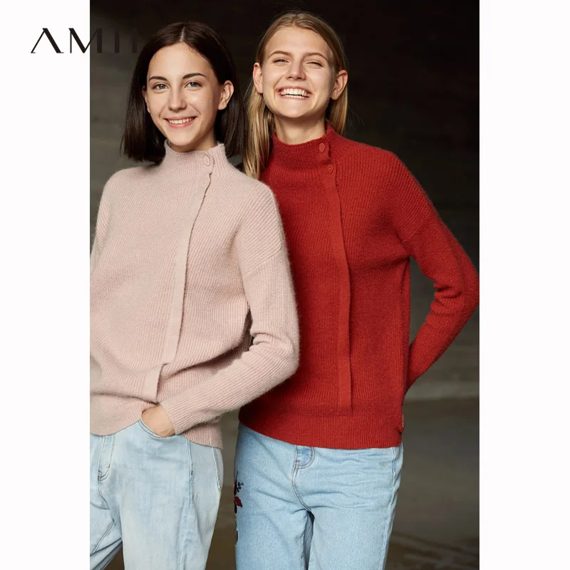 

Amii Preppy Style Women Turtleneck Sweater Autumn 2019 Causal Solid Buttons Long Sleeve Female Knitted Sweater pullovers