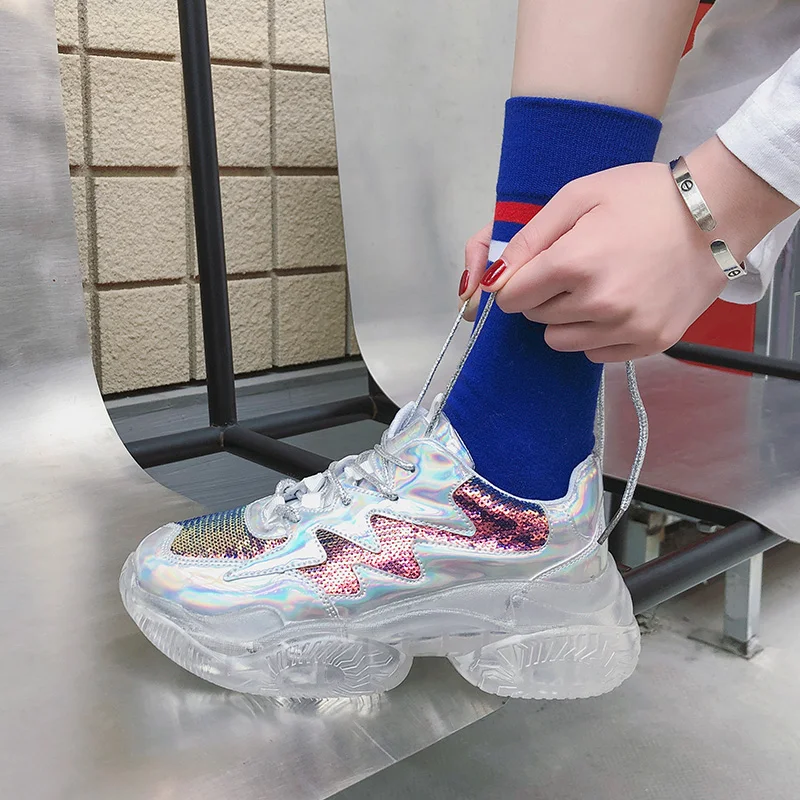 Sequin Sneakers Trendy Shoes Transparent Sole Platform Chunky Sneakers Chaussures Trampki Damskie