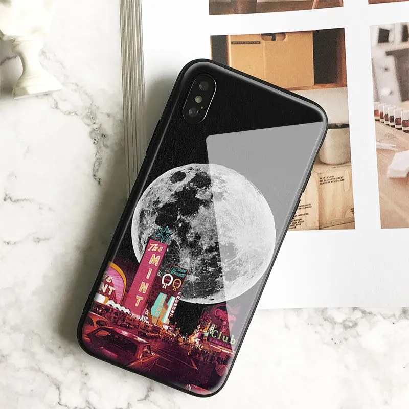 

Creativity moon neon city Collages art Tempered Glass Soft Silicone Phone Case Cover For Apple iPhone 6 6s 7 8 Plus X XR XS MAX