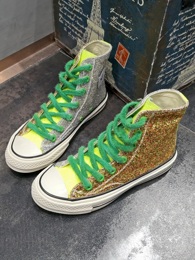 

Super fire sequins high canvas shoes female nightclub yin and yang rainbow color matching hip hop shoes tide casual shoes