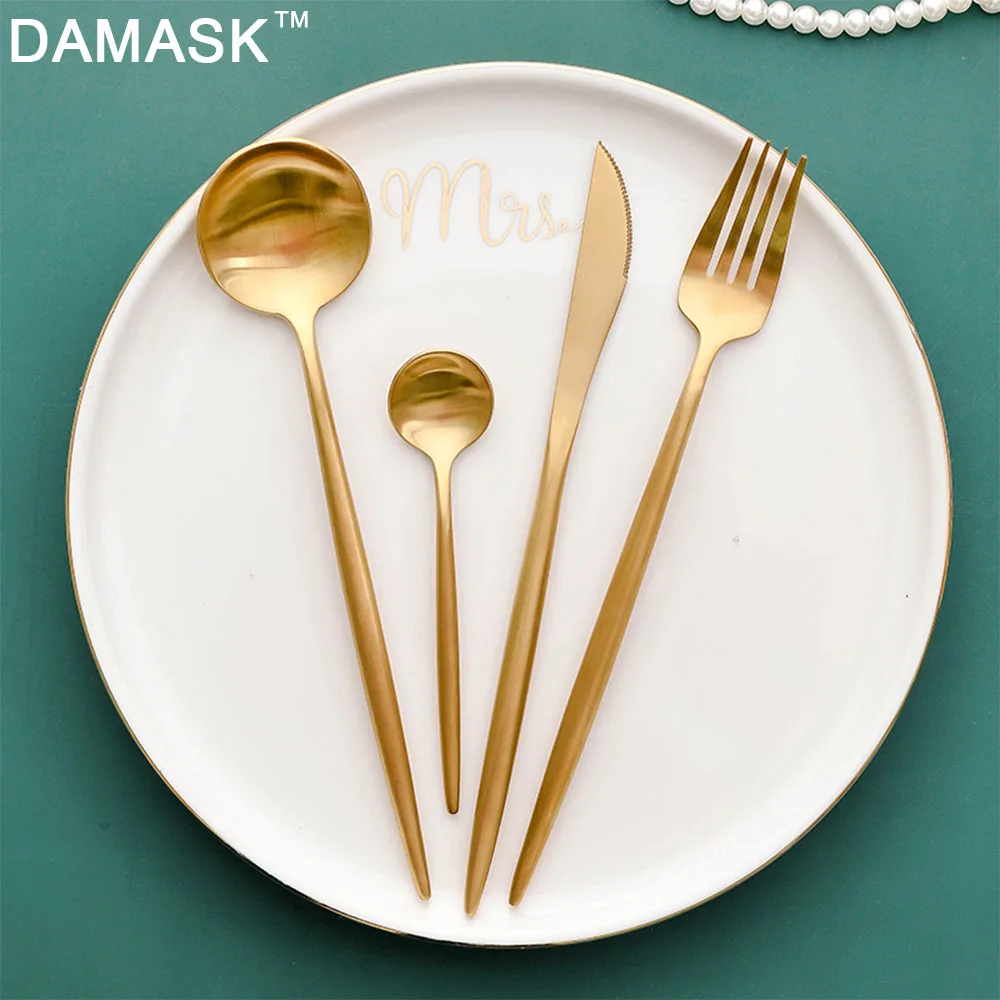 

DAMASK 4PCS Set Teaspoo Kitchen Knives Set Stainless Steel Upscale Dinnerware Flatware Cutlery Spoon Fork Golden Kitchen Tools