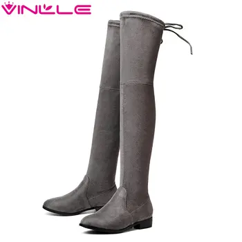 

VINLLE 2020 Women Boots Over The Knee Boots Square Low Heel Round Toe Flock Elastic band Ladies Motorcycle Shoes Size 34-43