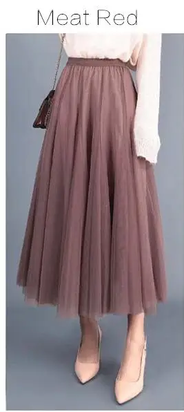 6 цветов, длинная юбка-американка, эластичная стильная женская модная Однотонная юбка средней длины с высокой талией для девочек, дышащая юбка розового и черного цвета - Цвет: Meat Red