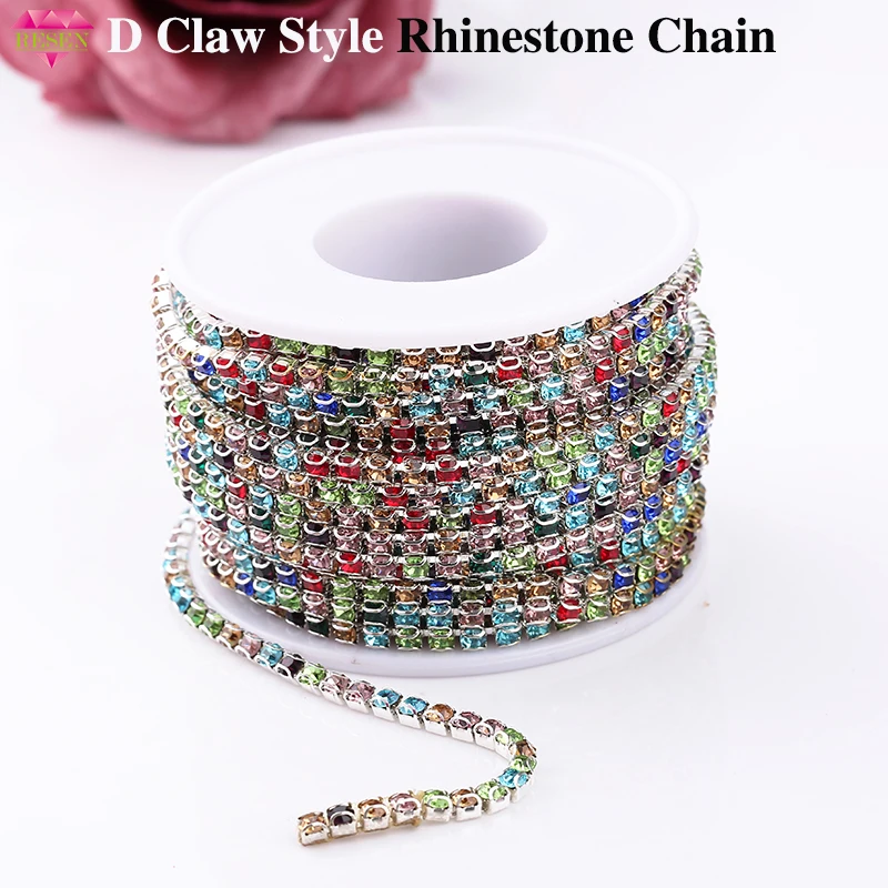 

RESEN Promotion! SS12 3mm D Claw Chain By Roll Mix Color Glass Rhinestone Chain Trim Sewing Accessories Stone Chain 10yards/lot