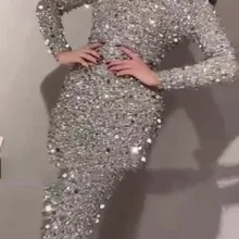 Модные блестящие платья с высоким воротником и блестками для выпускного вечера с длинными рукавами и изображением русалки