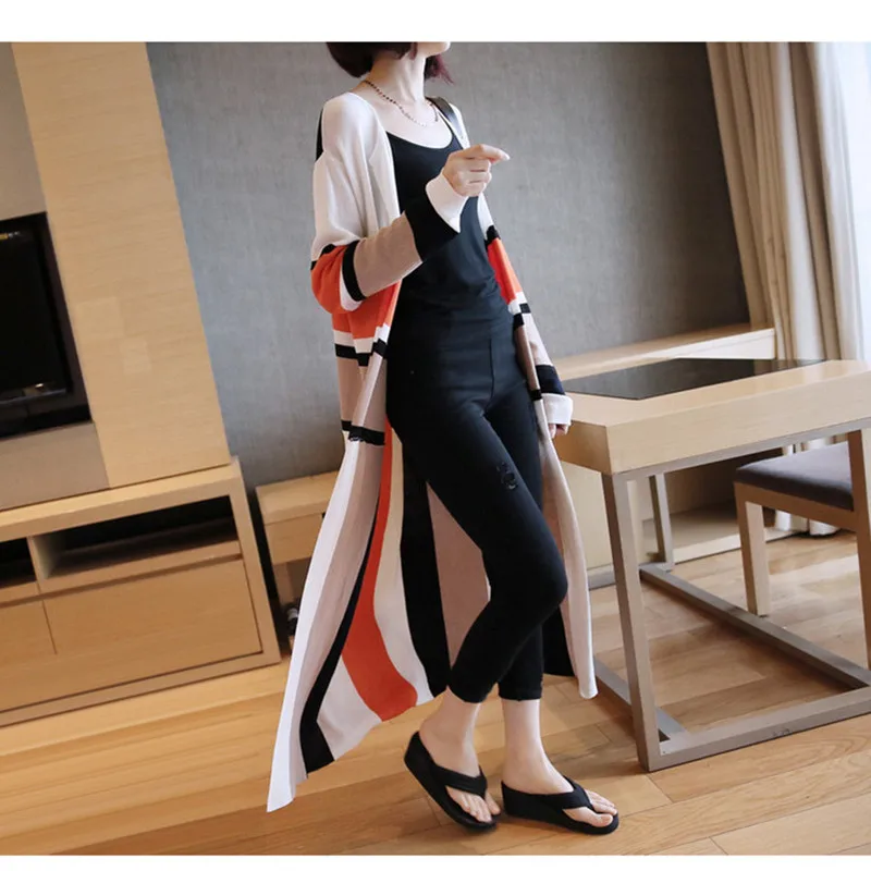 Free Shipping 2018 New Fashion Knitting Coat For Women Loose Outerwear Long Sleeve Maxi Soft Autumn Sweaters Striped Cardigan |