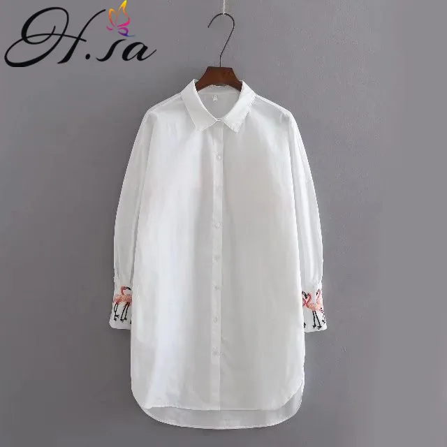 H.SA 2018 Spring New Women White Long Blouses Long Sleeve Casual Flamingo Embroidery Shirts Women Top and Blouses roupa feminina