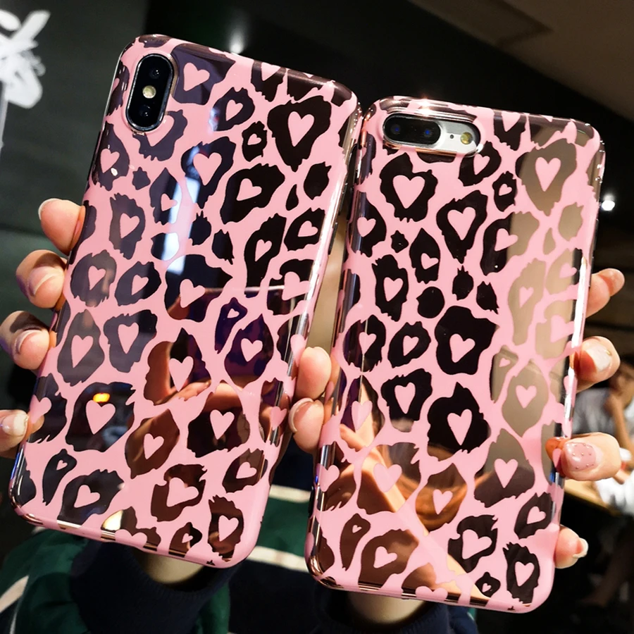 

case for iphone XR X XS MAX 7 8 plus case cover luxury pink leopard glossy soft silicon phone bag case for iphone 6 6s plus