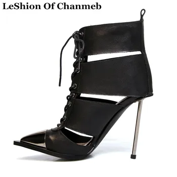 

fashion sexy metal cap toe steel stiletto heels t-show stage runway shoes women size 34-43 lace up hollow out ankle boots bootie