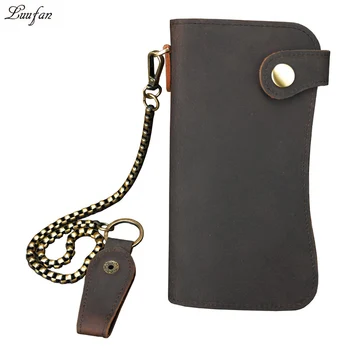 

Mens Vintage crazy horse leather Snap long wallet genuine leather bifold chain Rfid wallet with zipper coin pocket card holder