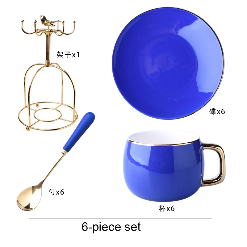 Европейская кофейная чашка, креативный фарфор с золотистой отделкой, набор кофейных чашек, английские послеобеденные чайные чашки и блюдца, Набор кружек, домашние вечерние подарки - Цвет: 6-piece set Blue