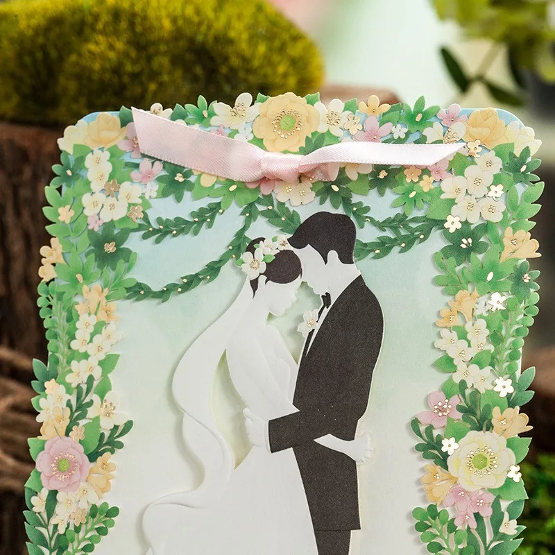 50PICS/LOT COLORFUL HOT SALE LASER CUT Romatic Bride Groom Wedding Invitations with PINK Ribbon  and Flowers