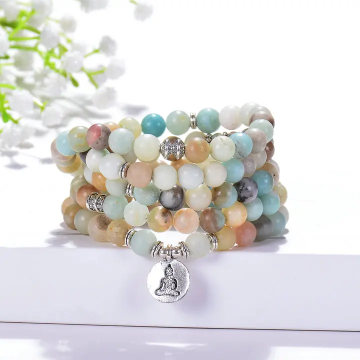 

Bright Moon 108 Mala Beads Bracelet/Necklace Multilayer Wrap Yoga Bracelet Natural Amazon Bead Bracelet for Women or Men