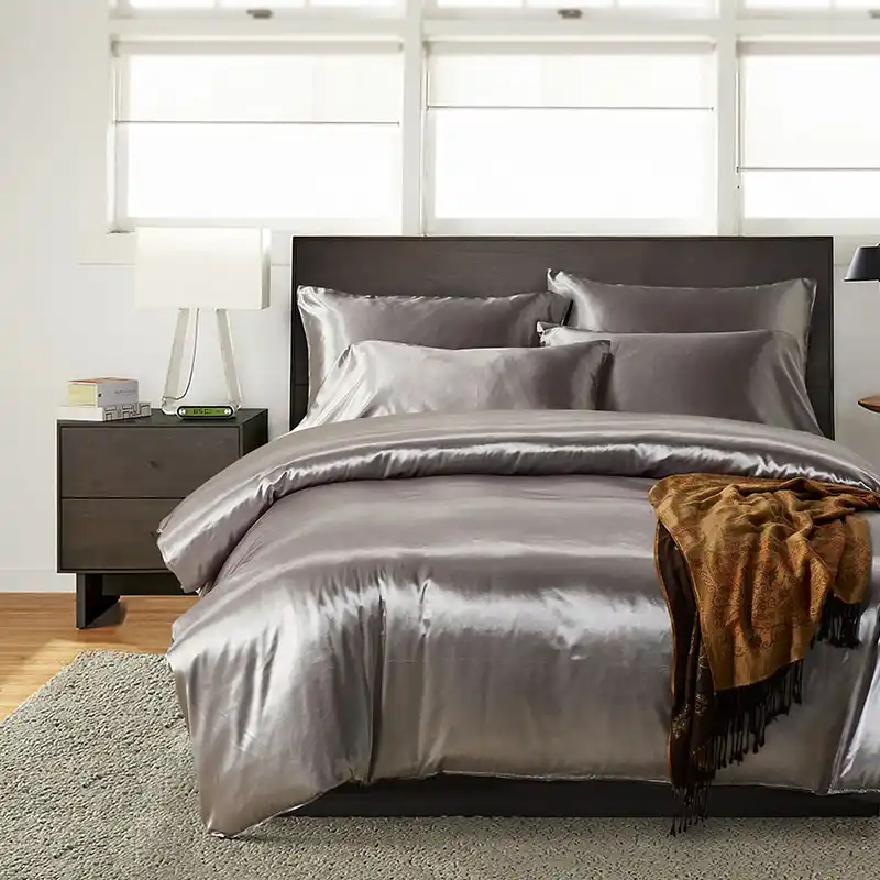 Luxury Grey Satin Silk Bedding Set Queen King Size Printing