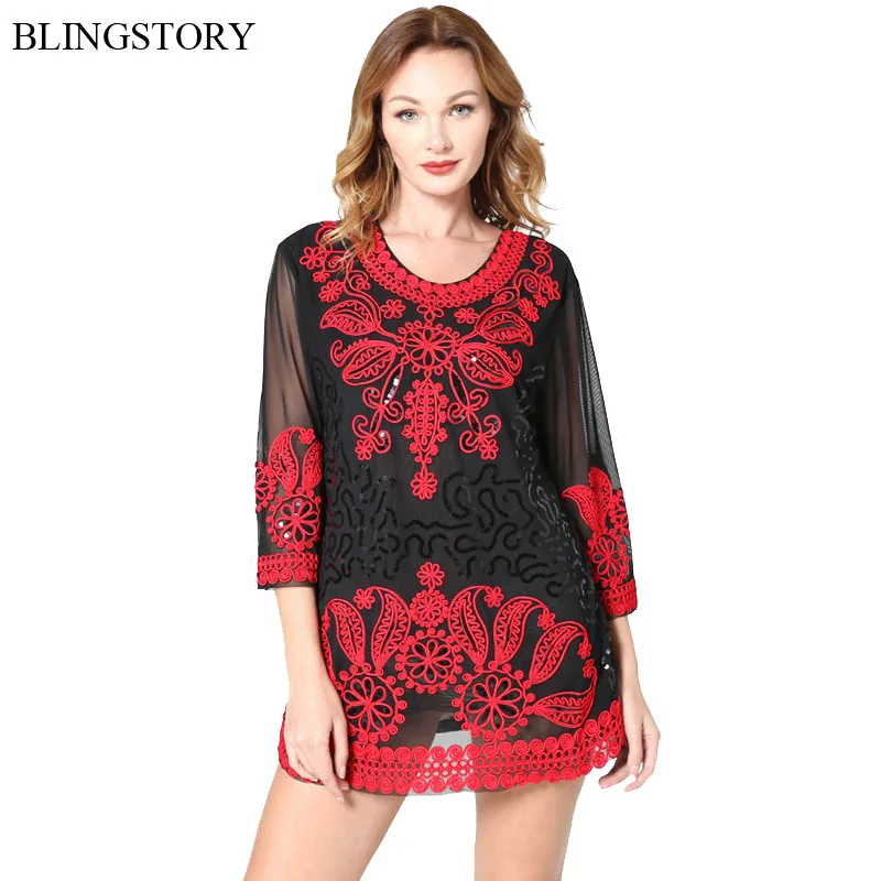 

BLINGSTORY Luxurious Summer 1920s Retro Embroidery Women Blouse Plus Size Blusas Feminina Top 3XL-5XL KR3609