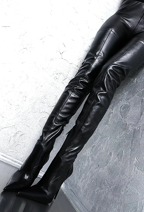 

Chaussures femme winter motorcycle black leather knee thigh high long boots sexy over the knee zipper high heel long botas 2010