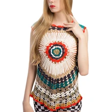 Дизайнерский открытый пляжный богемный стиль красочные топы вязание Лето О образным вырезом Лоскутная Праздничная майка футболки одежда