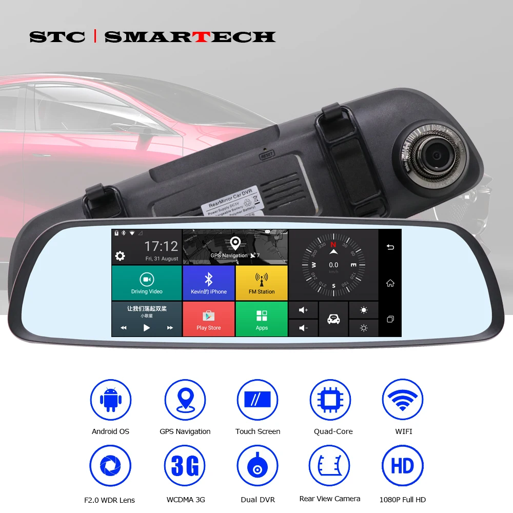 SMARTECH Android 3G Зеркало заднего вида DVR gps навигации 6 86 дюймов ips HD экран 1080P full двойной