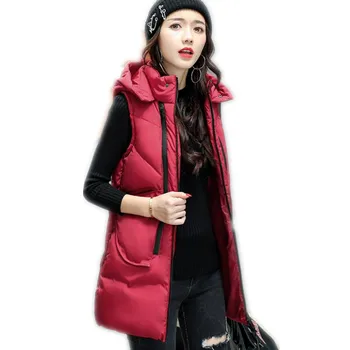 

New 2018 Fashion Autumn Winter Women's Vest Hooded Medium-Long Waistcoat Plus Size 3XL Down Cotton Warm Women's Vest Top CQ2449
