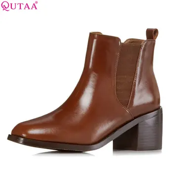 

QUTAA 2018 Women Ankle Shoes Cow Leather+pu Women Shoes Winter Boots Square High Heel Women Motorcycle Boots Size 34-42