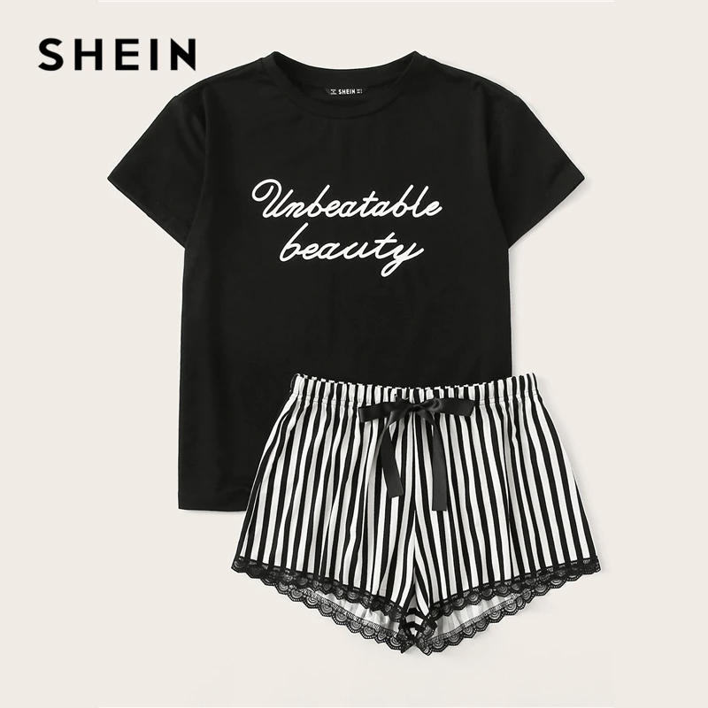 SHEIN, черный топ с буквенным принтом и полосатые шорты с кружевной отделкой, пижамный комплект, летняя Пижама, женская повседневная одежда для сна, пижамные комплекты