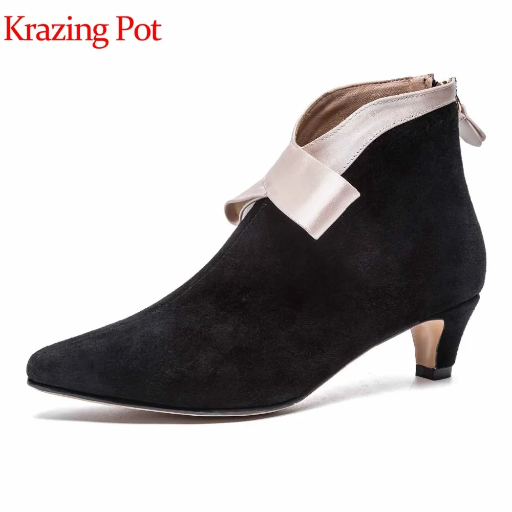 

Krazing pot cow suede original design strange style med Heels pointed toe superstar zipper bowtie riband fashion ankle boots L72