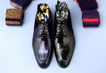 

Genuine leather men dress shoes lace up plaid Argyle Check smart casual oxfords handmade wedding luxury male derby shoes
