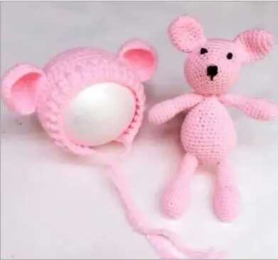 Newborn Photography Props Accessories Bear Cap Hat + Baby Doll Sets Soft Beanie Handmade Knit Toy 0-1M OR 3-4M | Детская одежда и