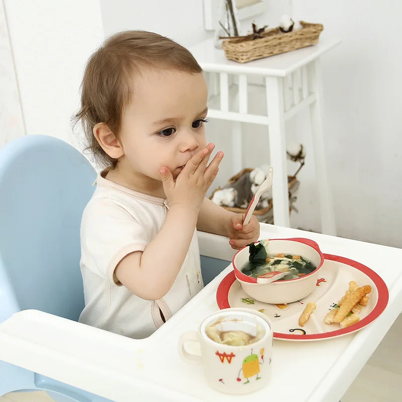 5 PcsSet Baby Bamboo Fiber Dinnerware Eco-friendly Children Feeding Food Plate With Cup Spoon Fork Food Storage Plate BB5120 (4)