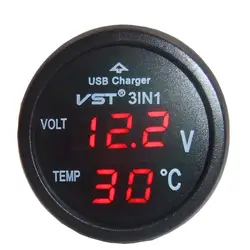 3 в 1 цифровой светодиодный Автомобильный Вольтметр термометр Авто USB зарядное устройство 12 В/24 В температура метр Вольтметр, прикуриватель