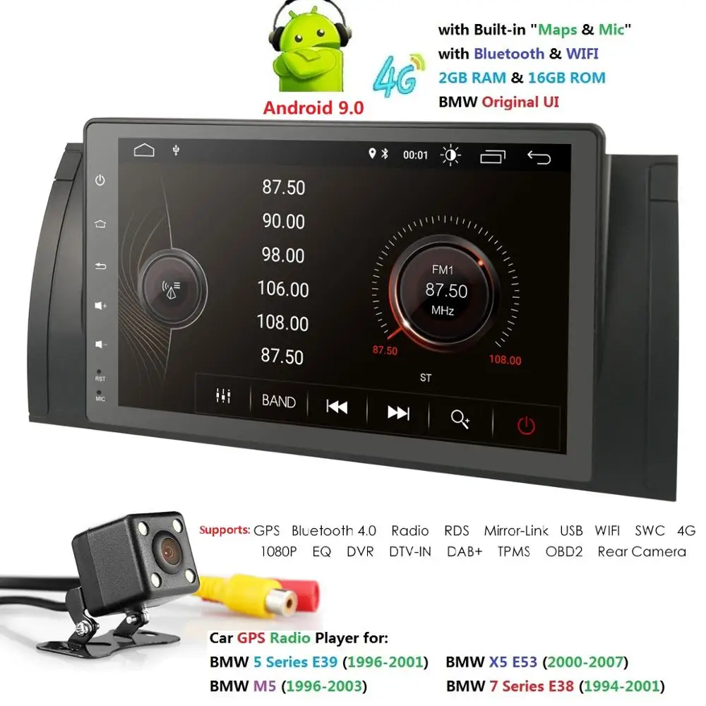 Perfect Ossuret 9 Inch 1024x600 IPS TouchScreen 1din Android 9.0 For BMW E39 E53 X5 Wifi 4G Bluetooth DVR RDS USB Sterring wheel control 3