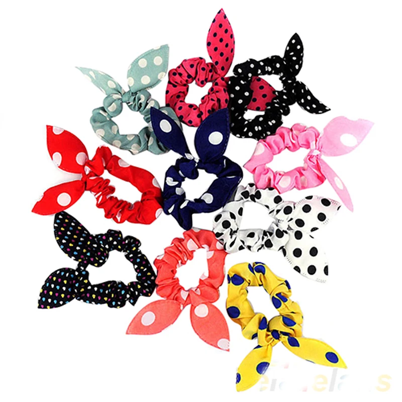 

10Pcs Korean Womens Dotted Rabbit Ear Hair Tie Bands Ponytail Holder Fashion Hot Item Hot