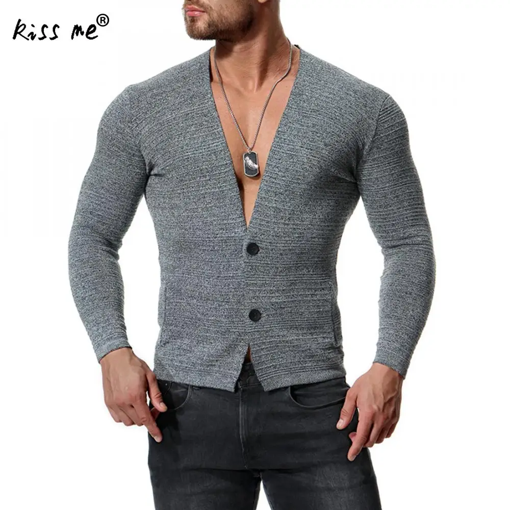 Cotton Sweater Men Autumn Pure Color Cardigan Sweater Sexy V Neck Plus ...