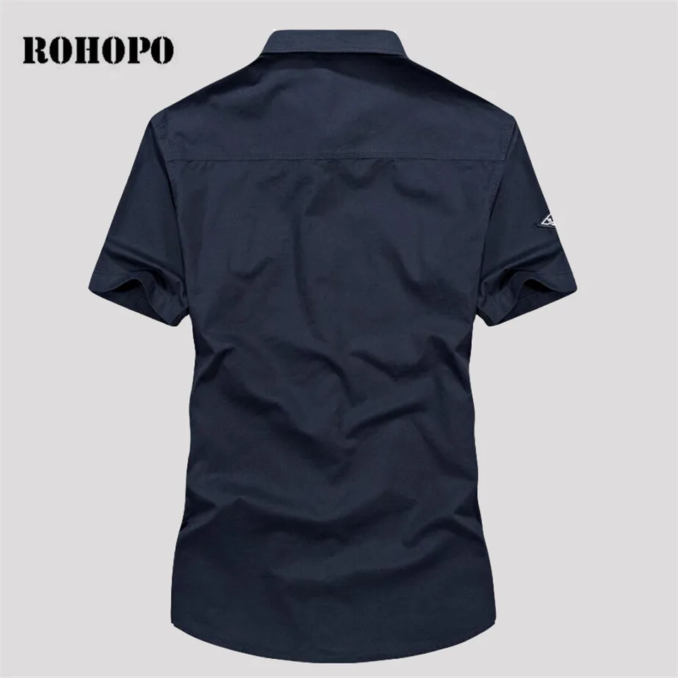 ROHOPO рубашка Военная полоса плечо нагрудные карманы Природа Плотная хлопковая рубашка короткий рукав мужские армейские рубашки летчиков для мужчин