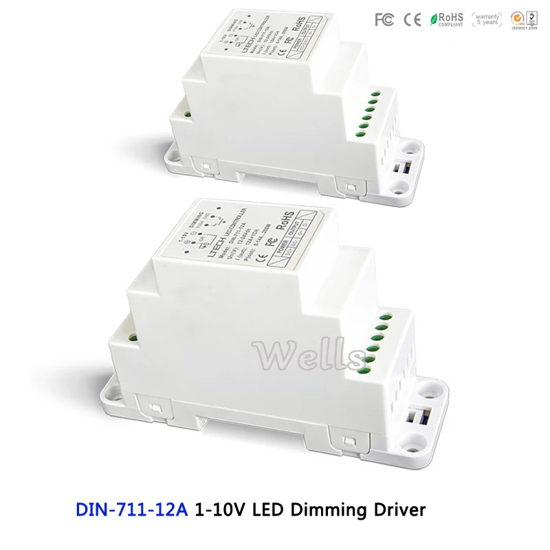 

DIN-711-12A 1-10V LED Dimming Driver;DC5V-24V input;12AX1CH Max 12A (DIN rail/Screw dual-use) led Driver controller