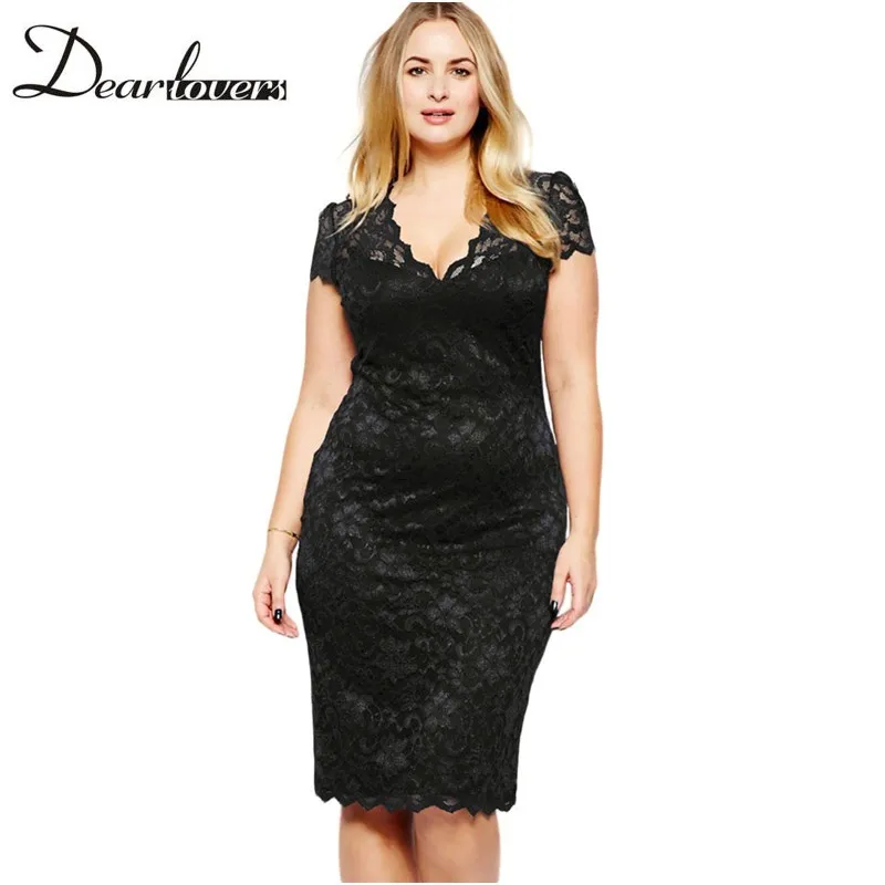 Dear lover Summer 2017 Women Plus size Dresses Black Scalloped V-neck Short Sleeve Lace Formal Midi Office Work Dress LC6415 | Женская