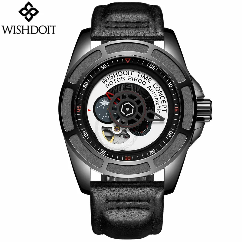 

2019 Mens Watches Skeleton Tourbillon Moon Phase Automatic Mechanical Leather Watch Fashion Gear dial Rotary Table Male Clock