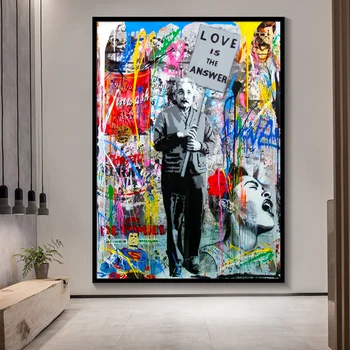 

Albert Einstein Holding A Sign "Love Is The Answer" Wall Pop Art Graffiti Canvas Print Picture Painting For Living Room