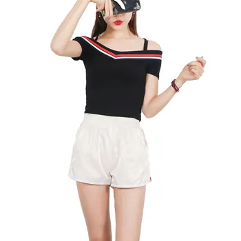 

Women Top Shorts 2 Pcs Clothing Summer Wear New Korea Fashion Off-The-Shoulder T-Shirt Chromatic Stripe Split Loose Shorts Suits